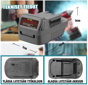 Akkuadapteri Robota/Makita akku- Milwaukee M18 kone