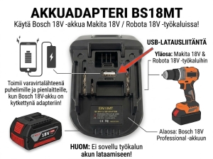 Akkuadapteri Bosch 18V akku- Robota/Makita kone